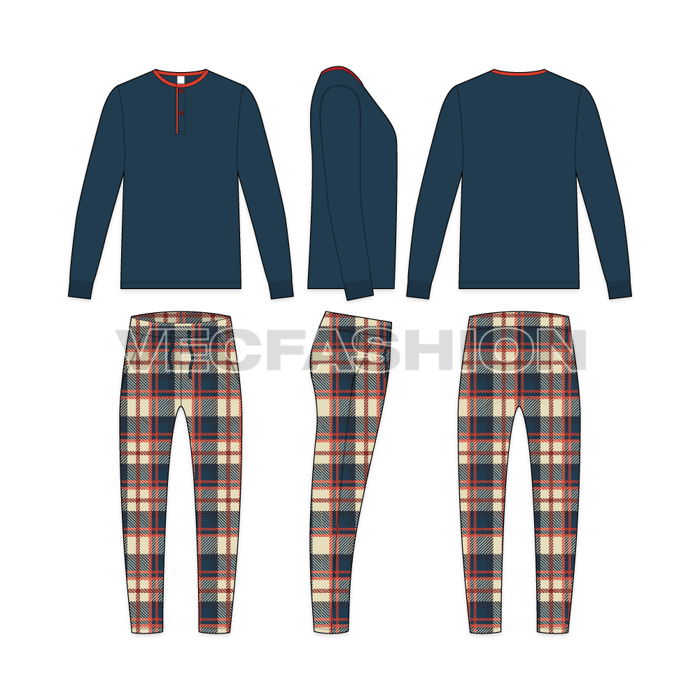 Mens loungewear pajama set flat sketch, showing all views, front, side and back