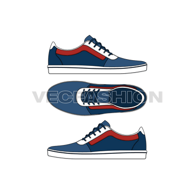 An illustrator fashion cad for Low Top Canvas Sneakers. It is illustrated with three views and is showing detailed panels and stitching details. 