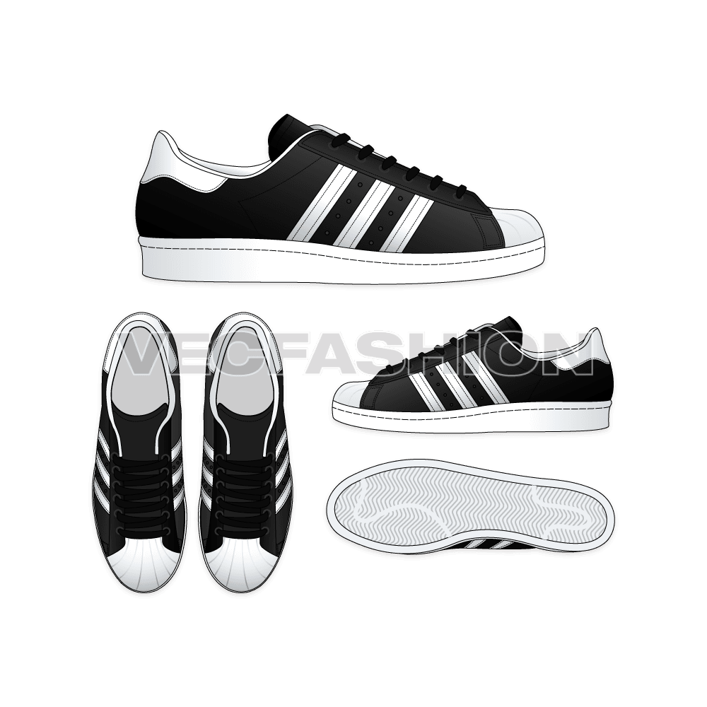 Low top sneakers, adidas superstar style flat sketch, view 1