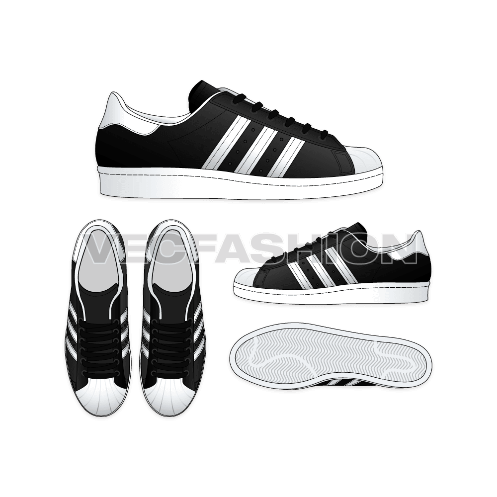 An illustrator fashion cad for Low Top Sneakers Adidas Superstar. One of the best seller and trend maker sneaker from Adidas. It is illustrated with multiple views and have all details added on it.