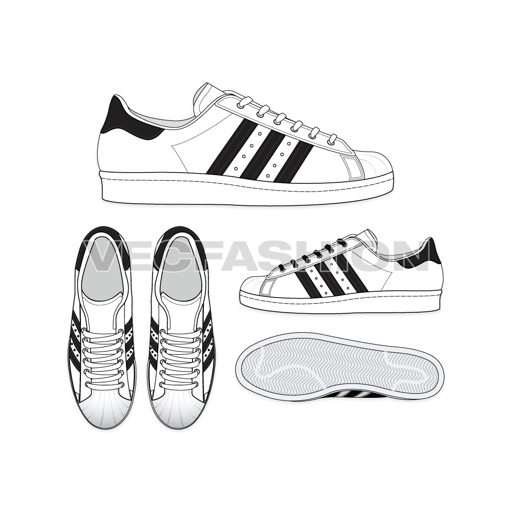 Low top sneakers, adidas superstar style flat sketch, view 2