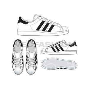 An illustrator fashion cad for Low Top Sneakers Adidas Superstar. One of the best seller and trend maker sneaker from Adidas. It is illustrated with multiple views and have all details added on it.