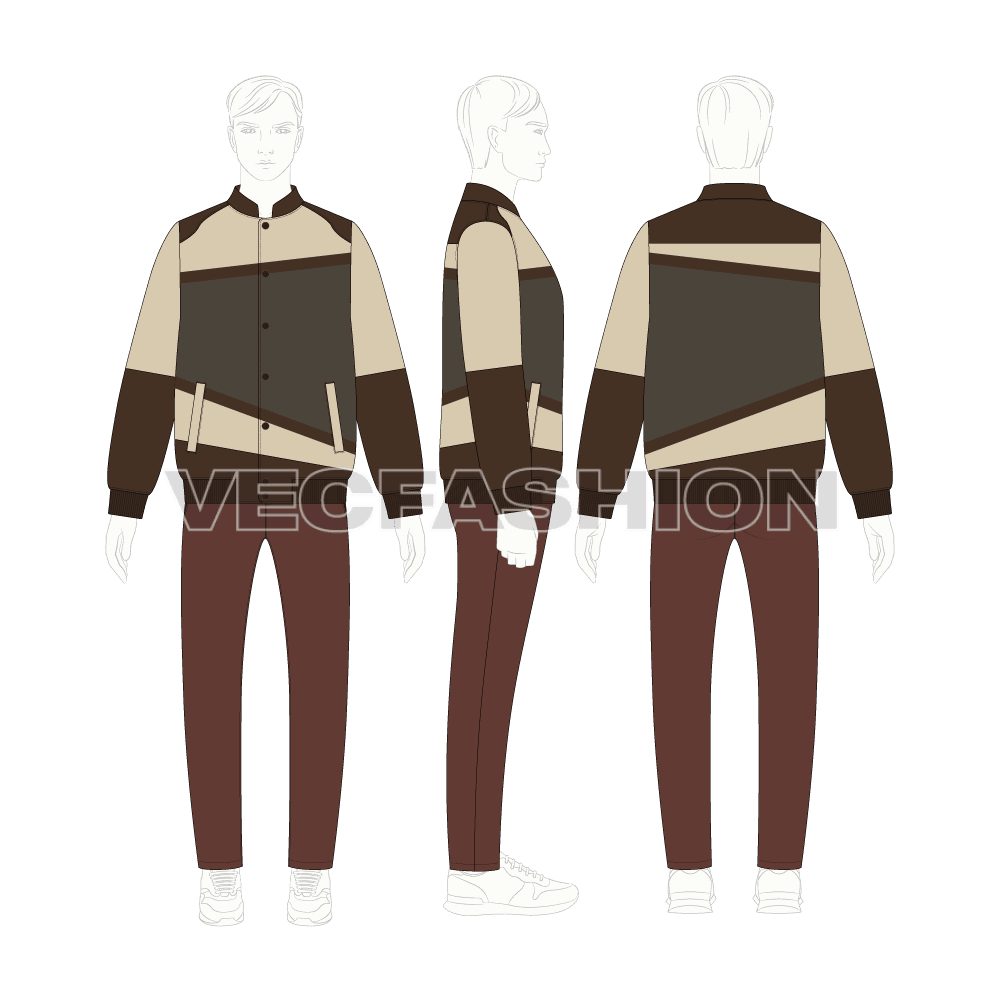 Men Panelled Leather Jacket flat sketch, croqui sketch