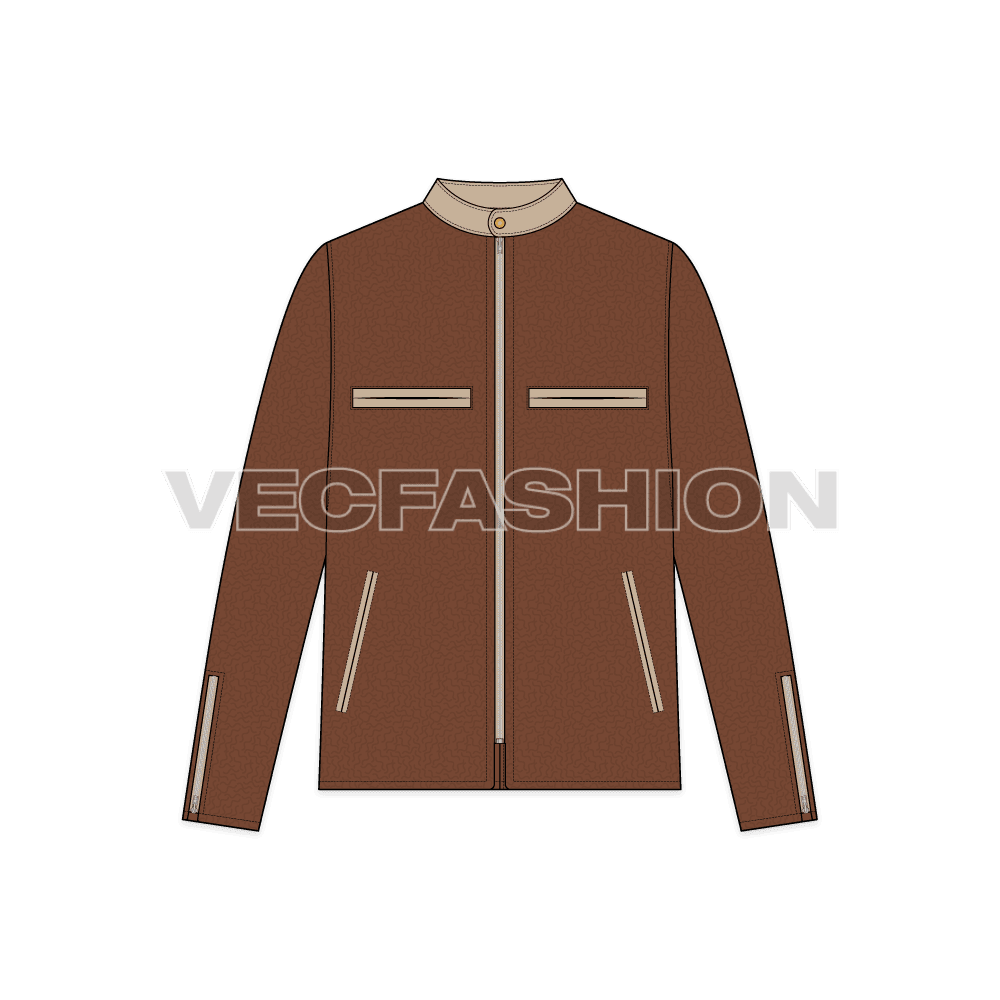 Men Straight Cut Leather Jacket flat sketch, front view