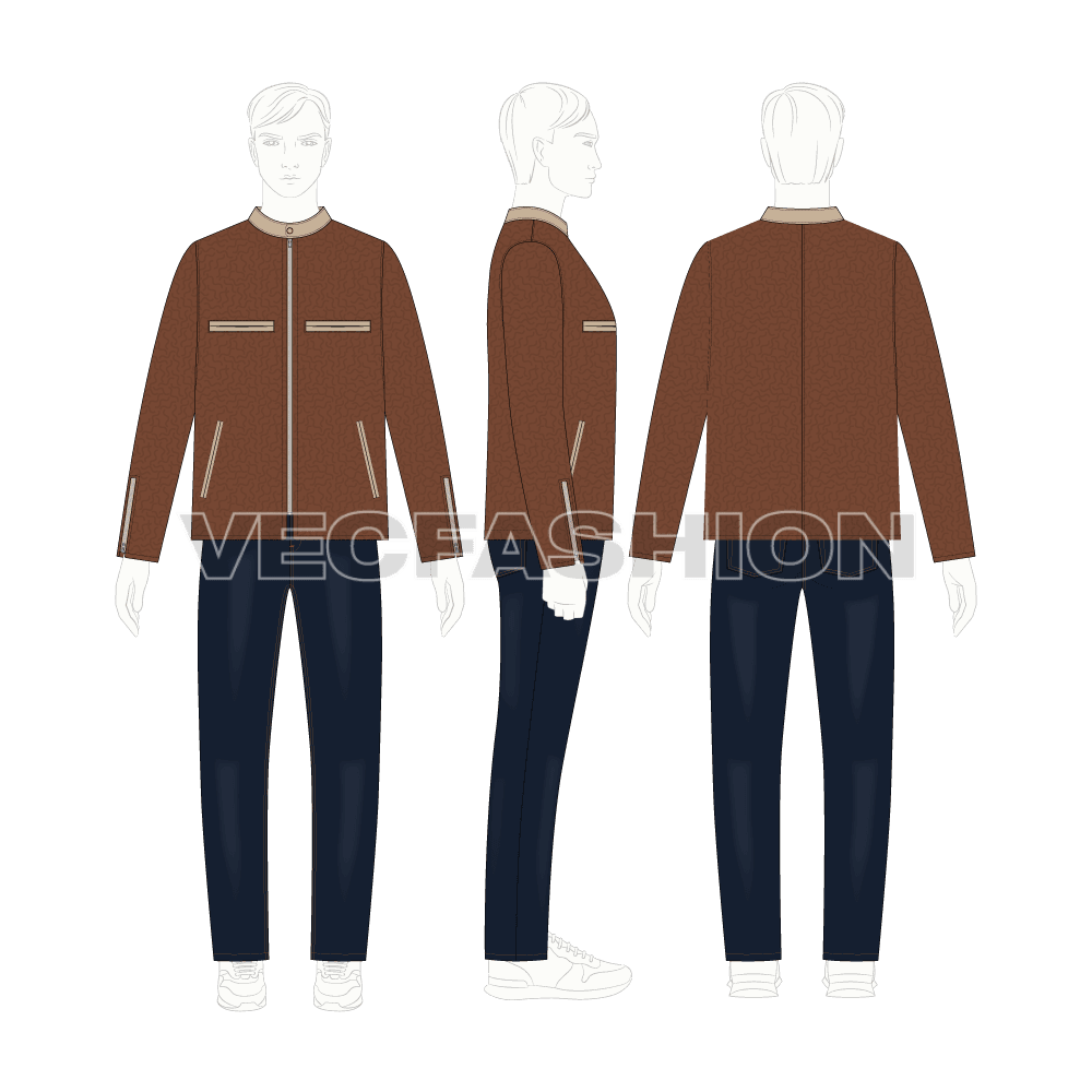 Men Straight Cut Leather Jacket flat sketch, croqui sketch