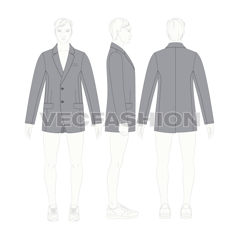 Mens 2 Buttoned Sport Blazer flat sketch, croqui sketch