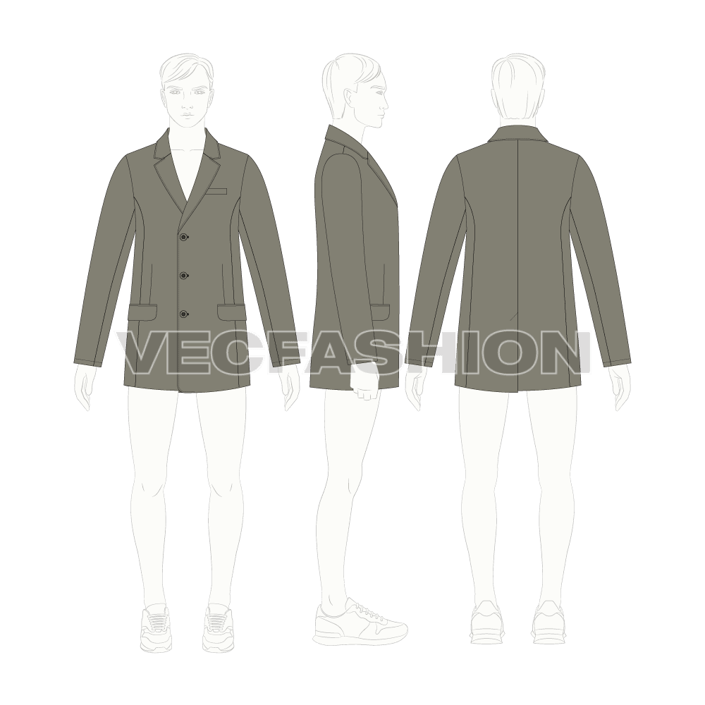 Mens 3 Buttoned Blazer flat sketch, croqui sketch