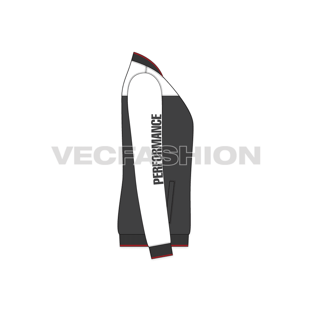 Mens active wear sport jacket flat sketch, side view