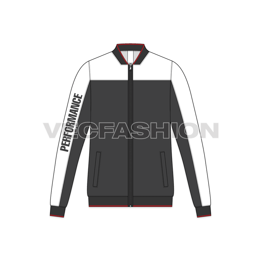 Mens active wear sport jacket flat sketch, front view