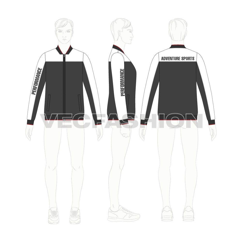 Mens active wear sport jacket flat sketch, croqui sketch