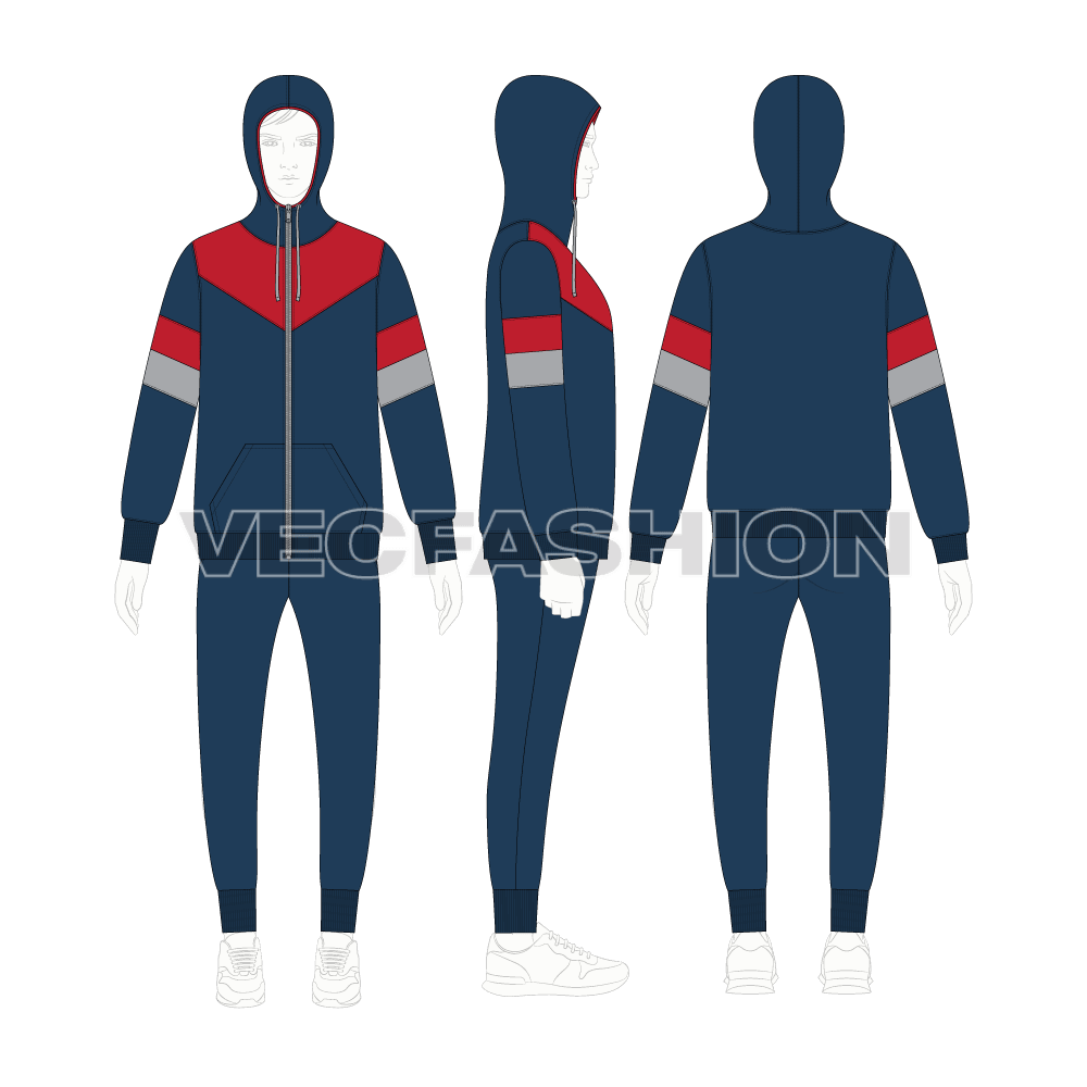 Mens activewear tracksuit flat sketch, on croqui