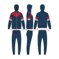 Mens activewear tracksuit flat sketch, showing all views, front, side and back
