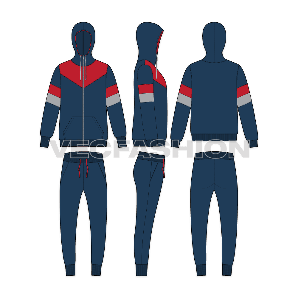 Mens activewear tracksuit flat sketch, showing all views, front, side and back