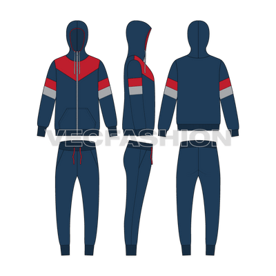 Mens activewear tracksuit flat sketch, showing all views, front, side and back