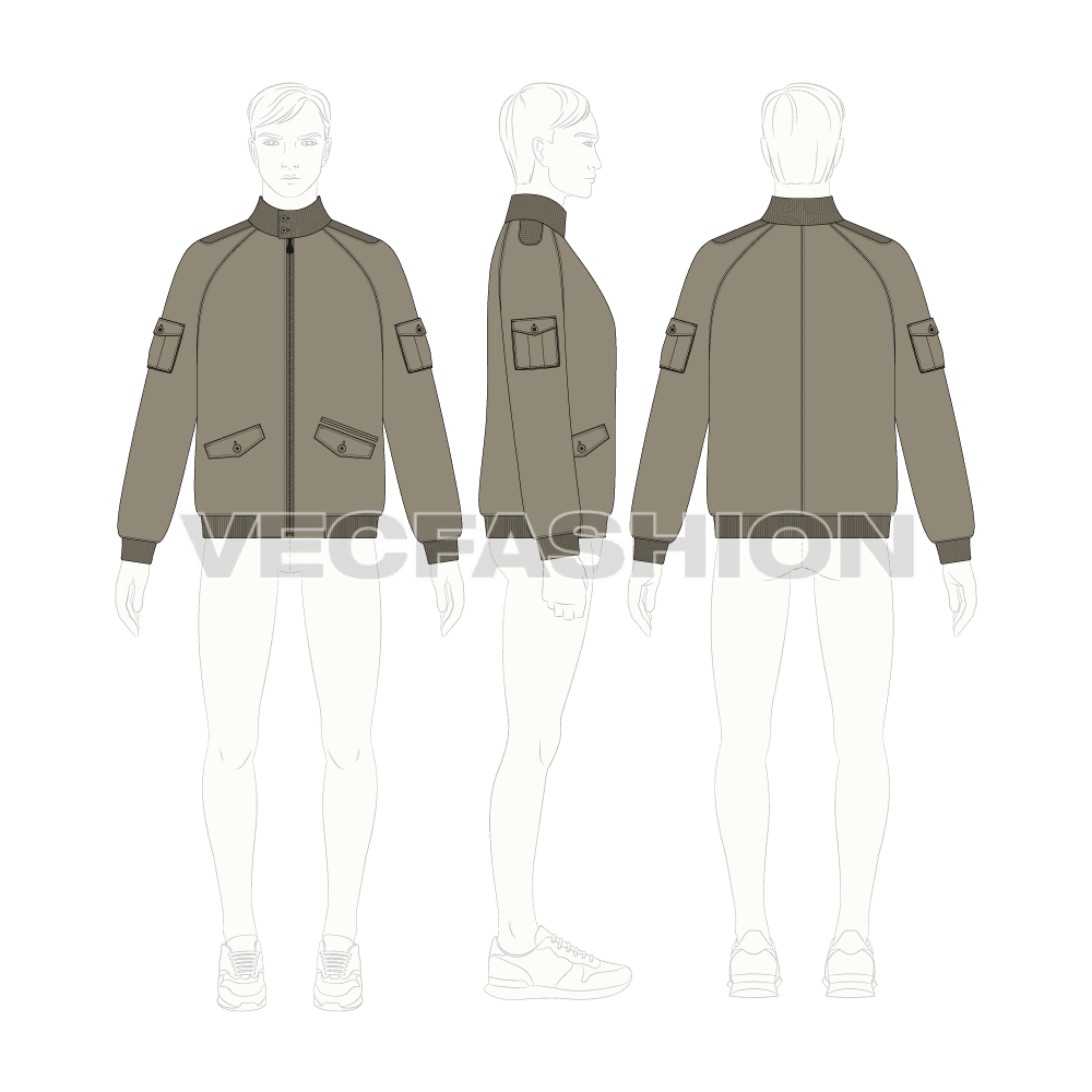 Mens Aeronautical Bomber Jacket flat sketch, croqui sketch