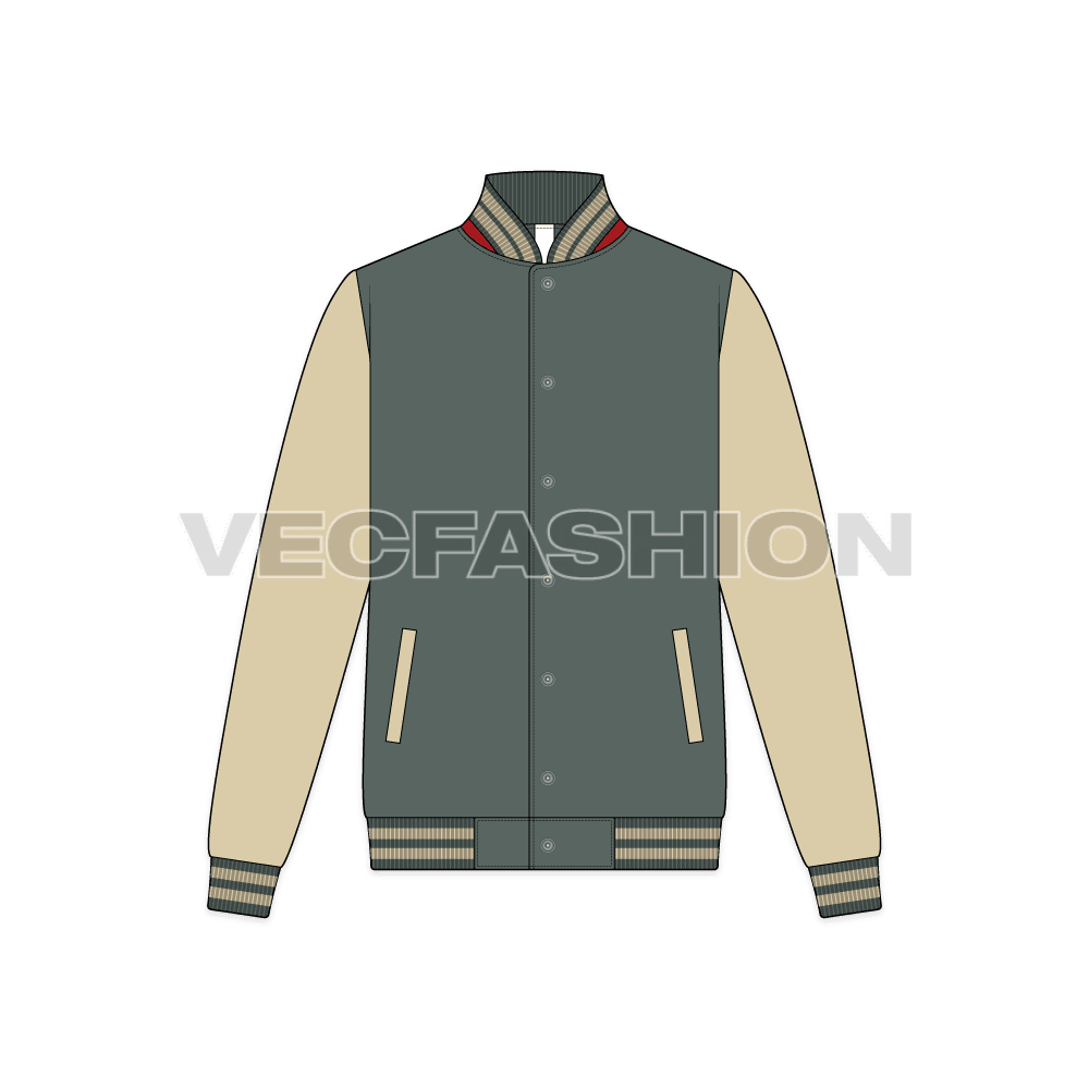 Mens American Baseball Vector Jacket flat sketch, front view