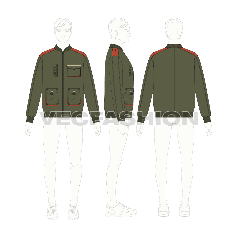 Mens Army Bomber Jacket flat sketch, croqui sketch