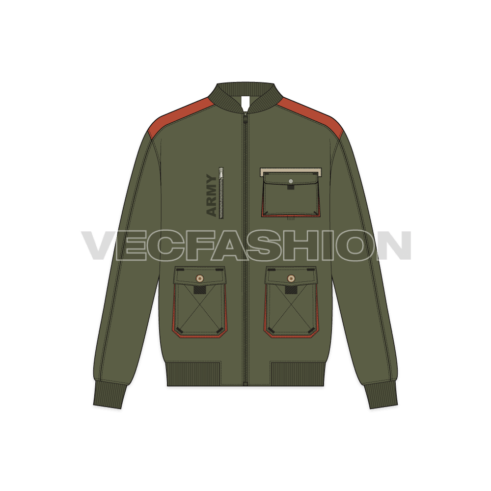 Mens Army Bomber Jacket flat sketch, front view