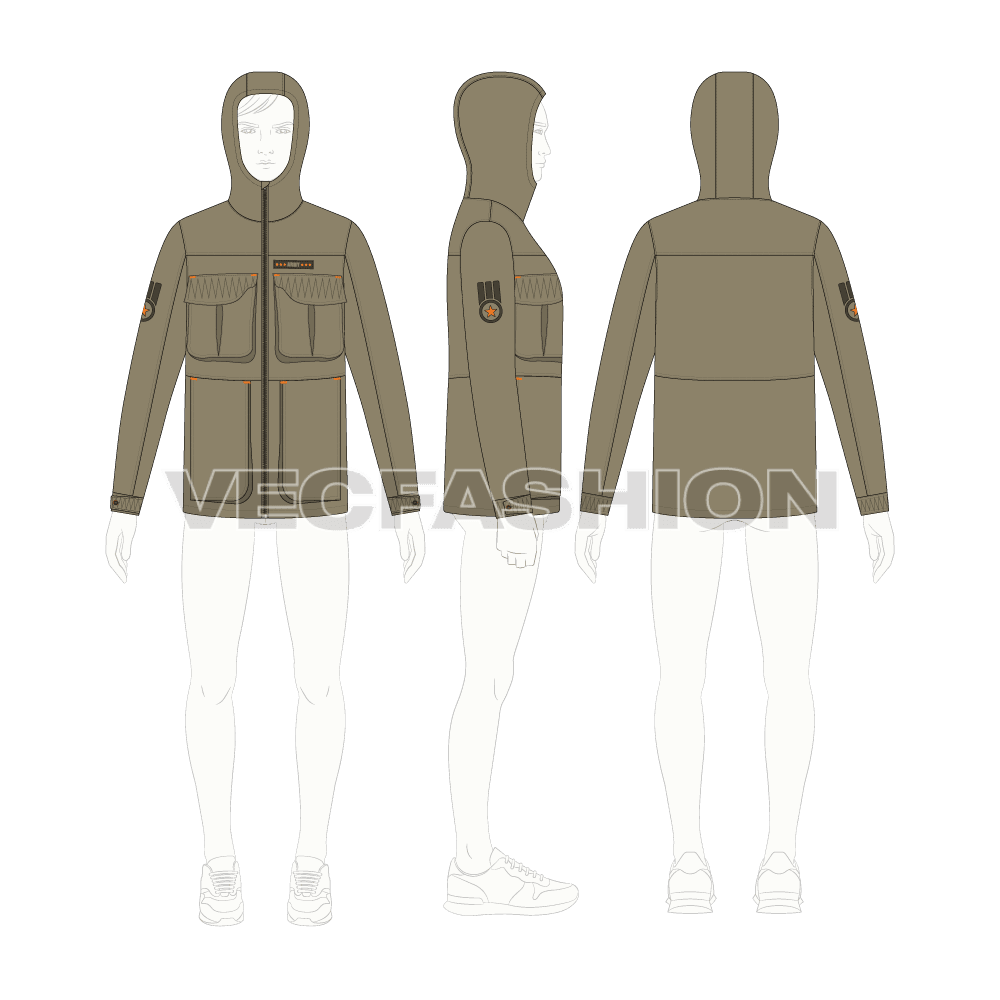 Mens Army Field Jacket flat sketch, croqui sketch