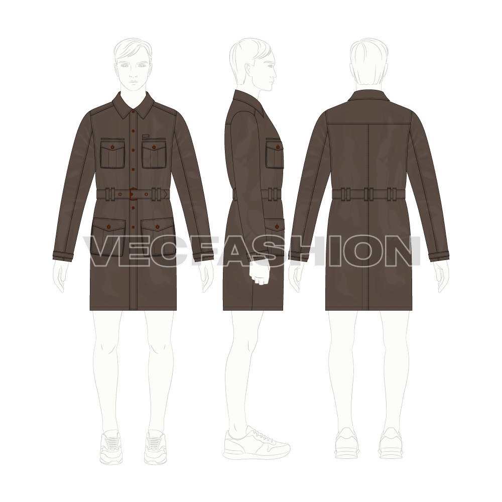 Mens Army Inspired Cargo Coat flat sketch, croqui sketch