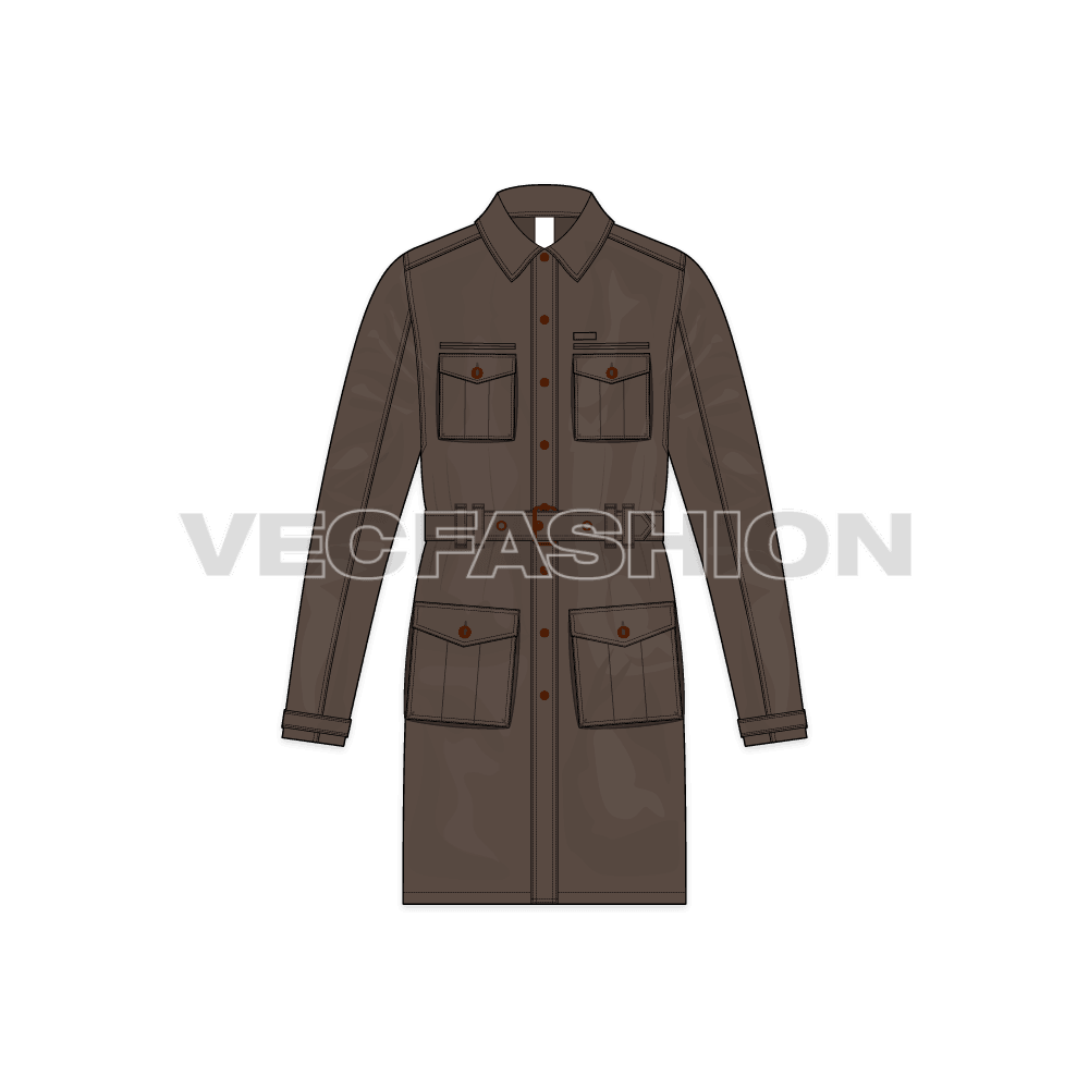 Mens Army Inspired Cargo Coat flat sketch, front view