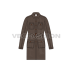 Mens Army Inspired Cargo Coat flat sketch, front view