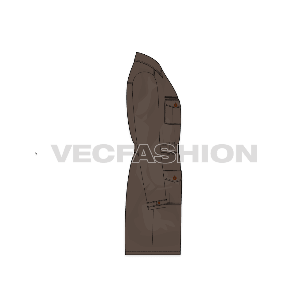 Mens Army Inspired Cargo Coat flat sketch, side view