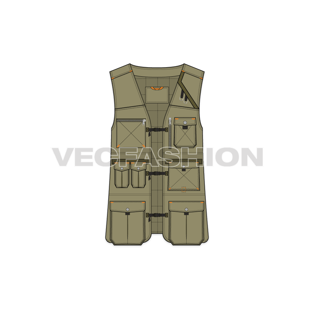 Mens army vest flat sketch, front view