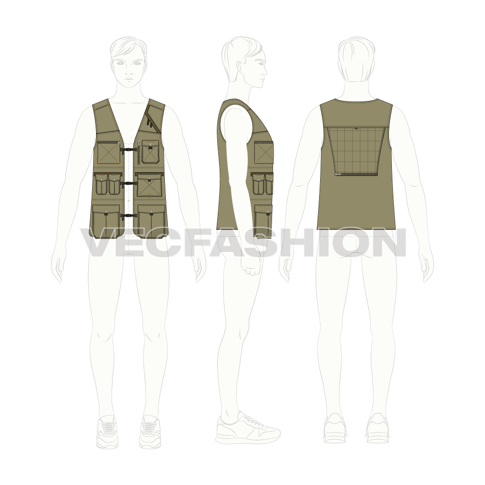 Mens army vest flat sketch, croqui sketch