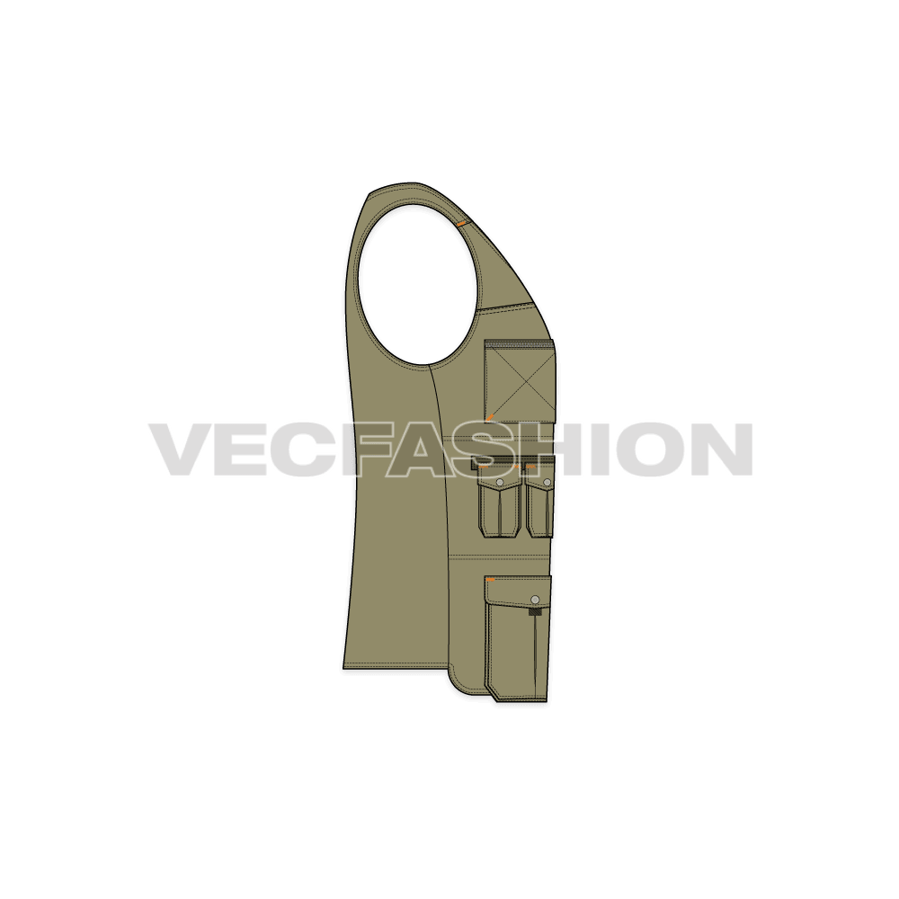Mens army vest flat sketch, side view