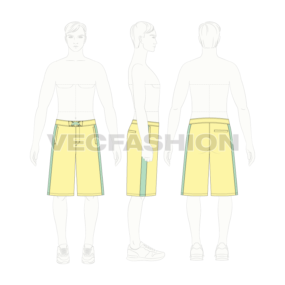 Mens baggy board shorts flat sketch, croqui sketch