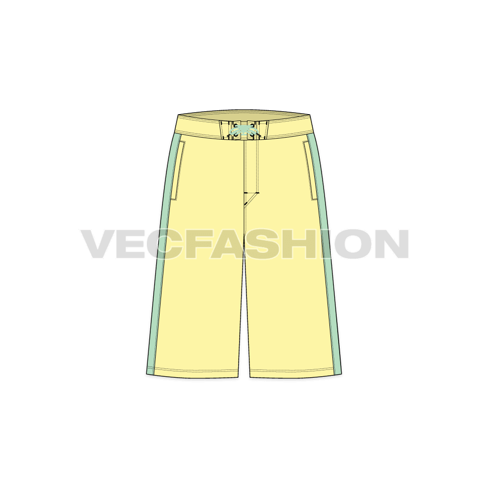 Mens baggy board shorts flat sketch, front view