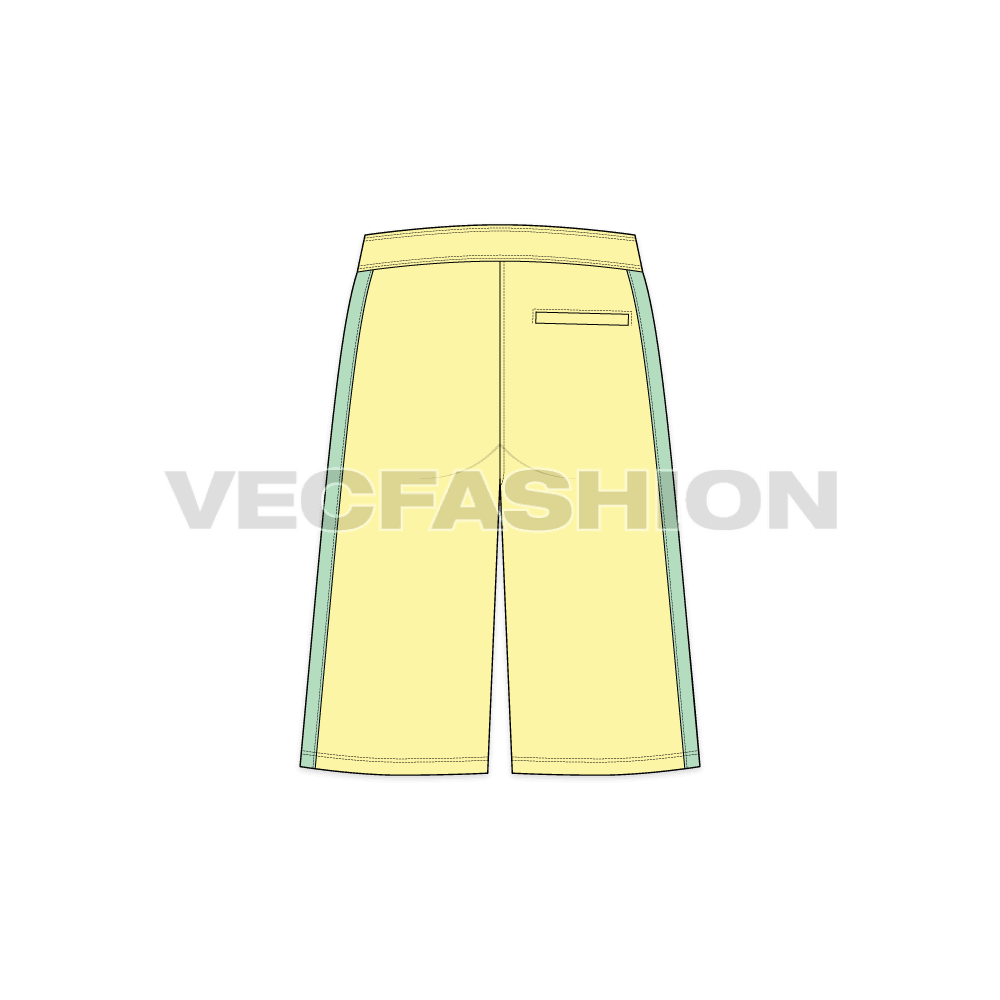 Mens baggy board shorts flat sketch, back view
