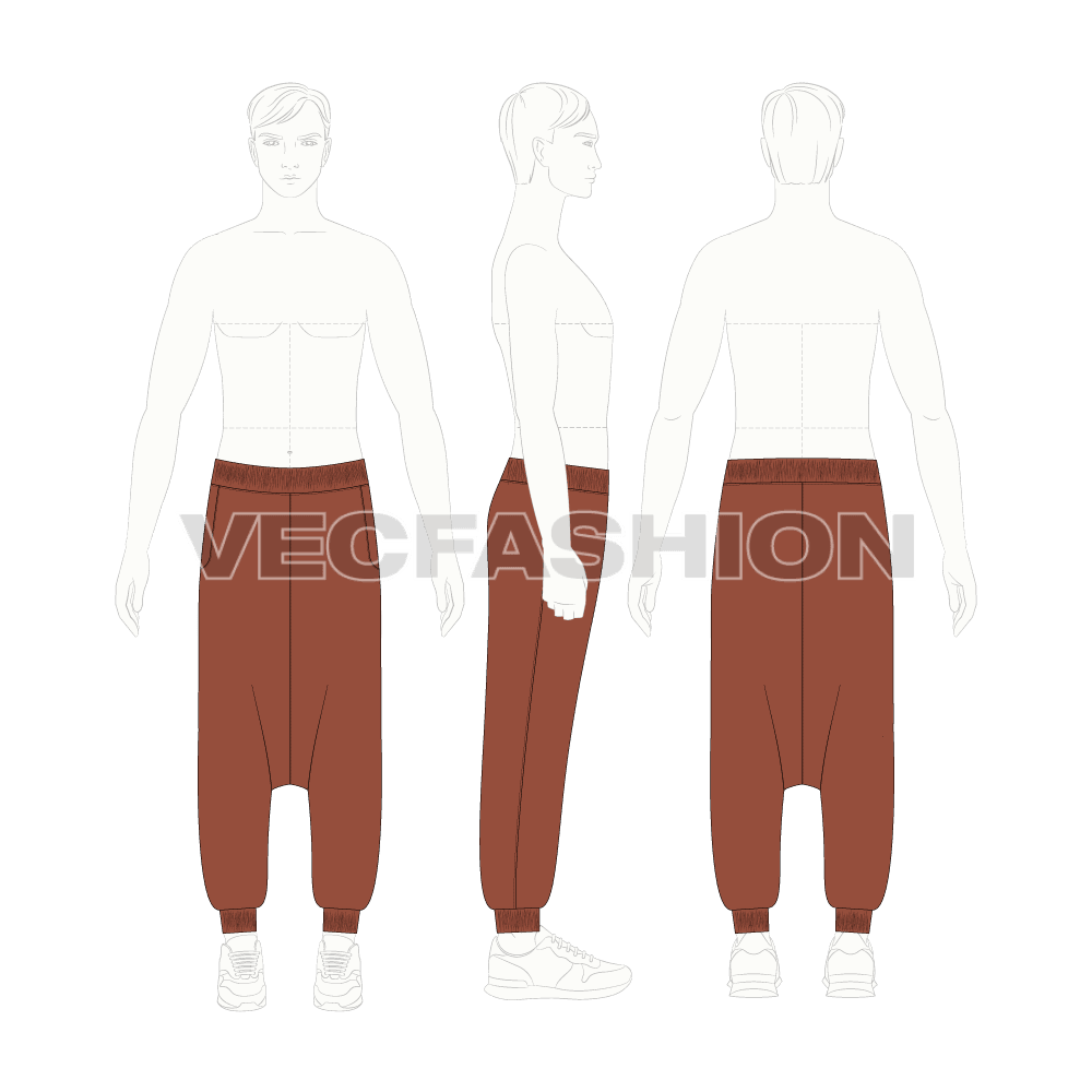Mens baggy harem pants flat sketch, croqui sketch