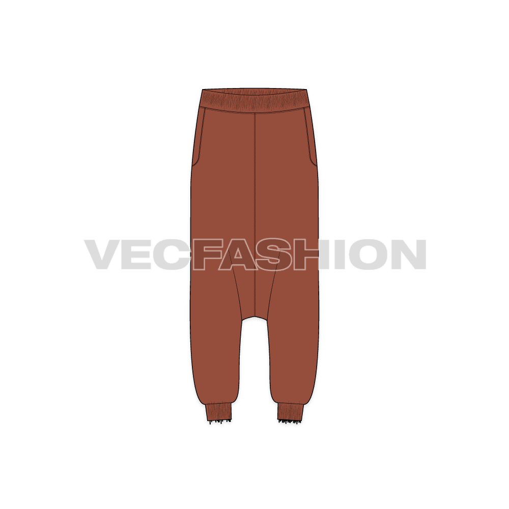 Mens baggy harem pants flat sketch, front view