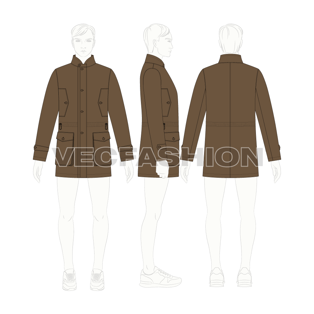 Mens Barbour Jacket flat sketch, croqui sketch