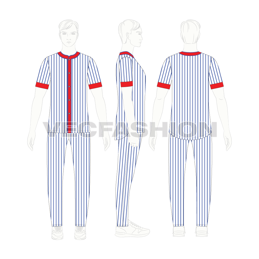 Mens baseball uniform kit, striped jersey flat sketch, croqui sketch