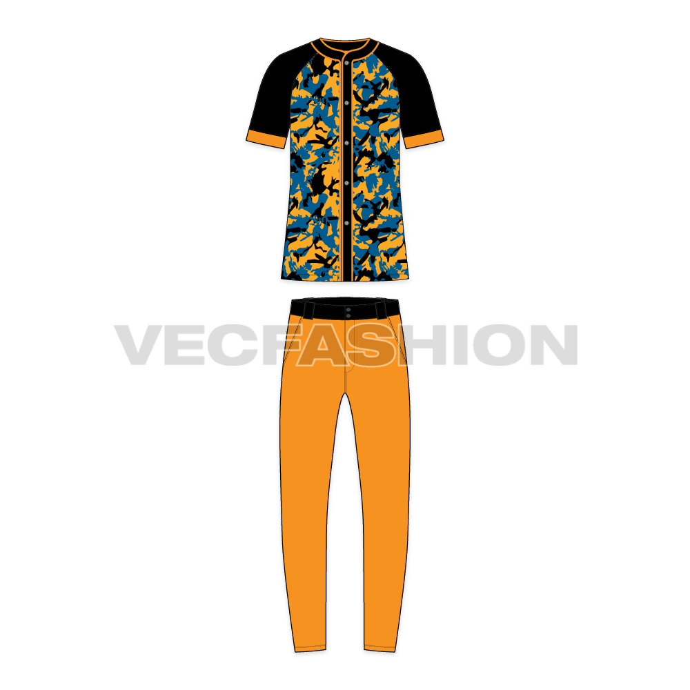 Mens baseball uniform kit flat sketch, front view