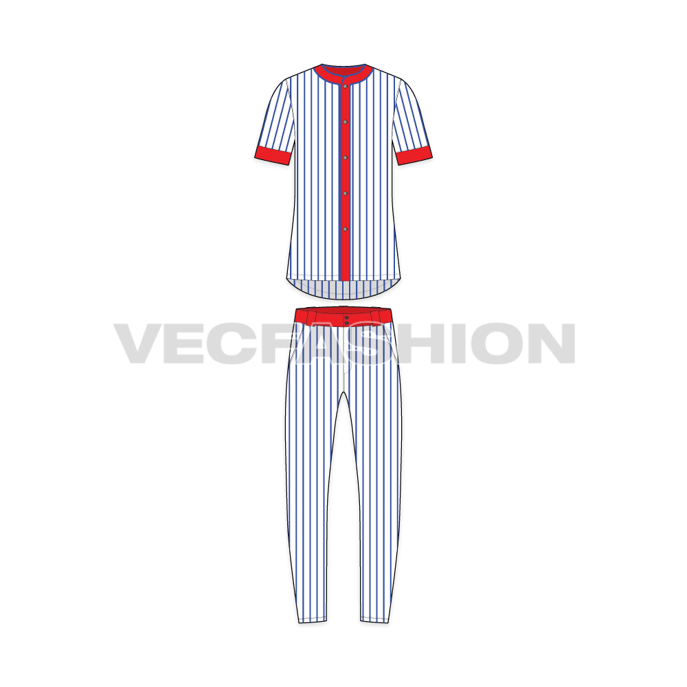 Mens baseball uniform kit, striped jersey flat sketch, front view