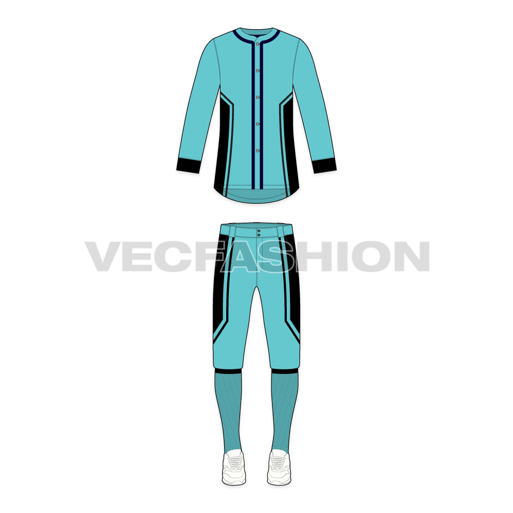 Mens baseball uniform kit, 3/4 sleeve flat sketch, front view