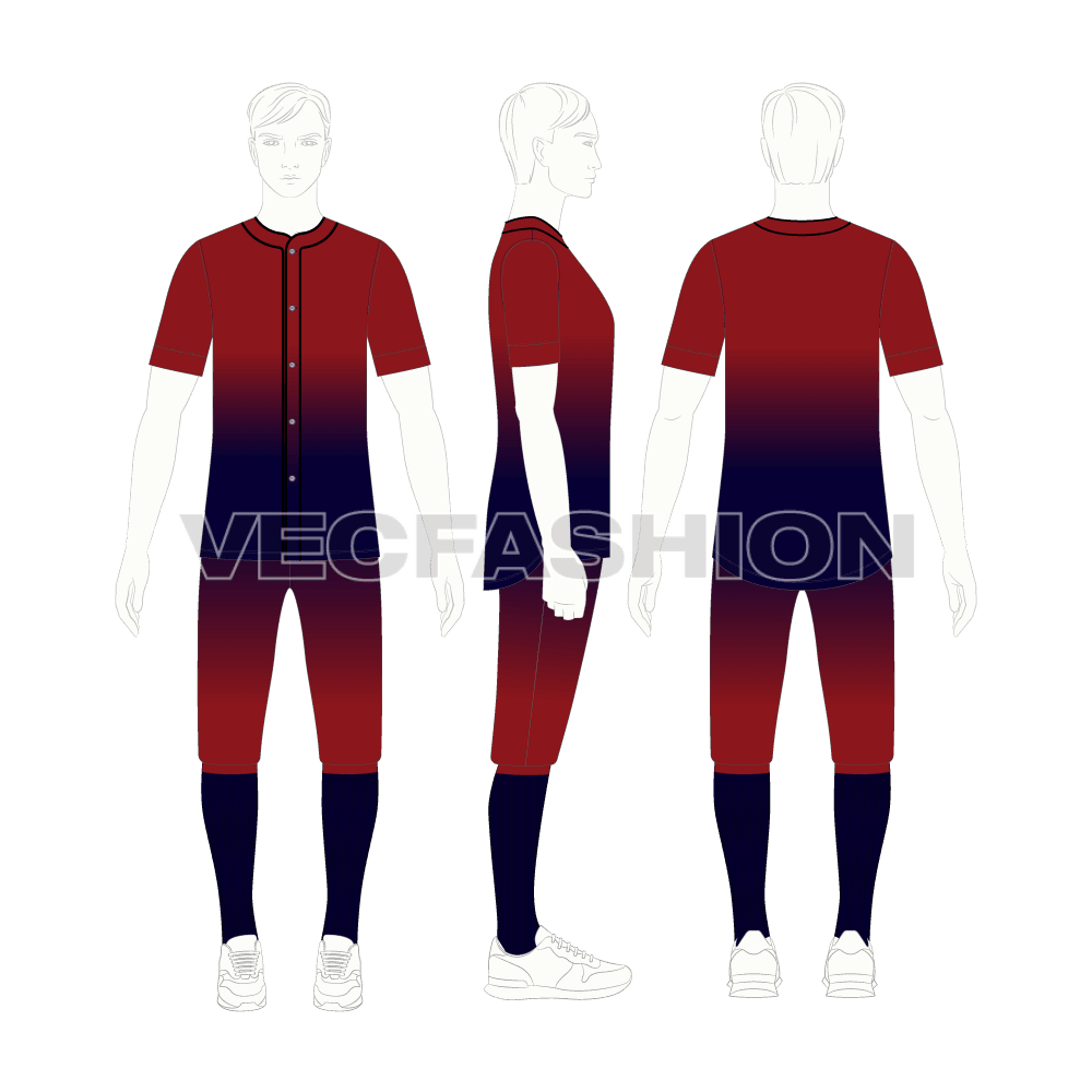 Mens baseball uniform kit, gradient jersey flat sketch, croqui sketch