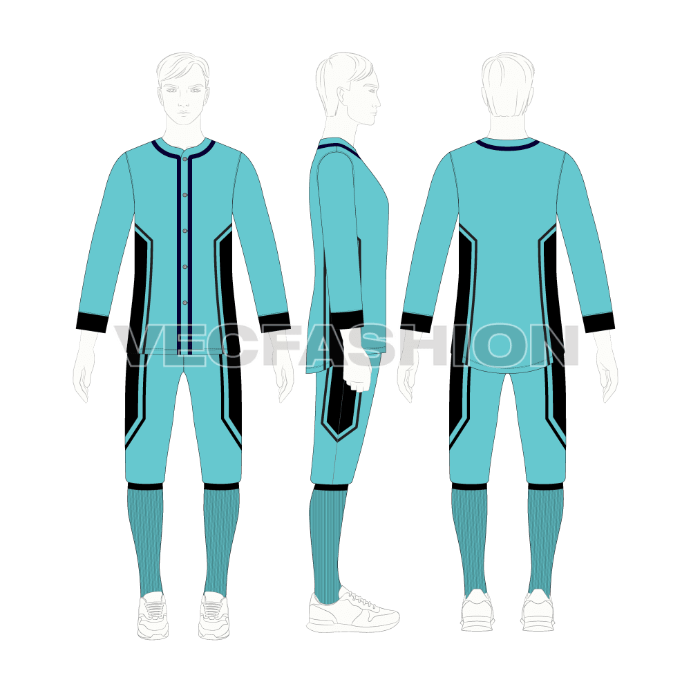 Mens baseball uniform kit, 3/4 sleeve flat sketch, croqui sketch