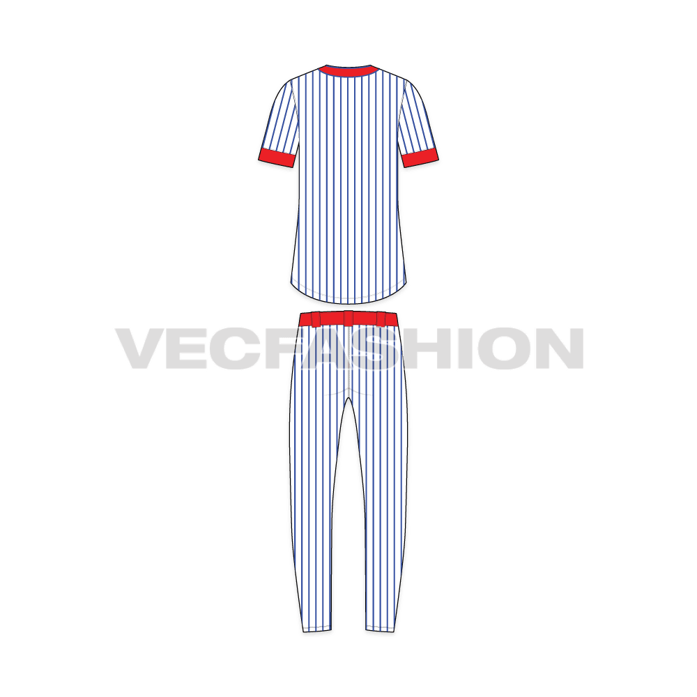 Mens baseball uniform kit, striped jersey flat sketch, back view