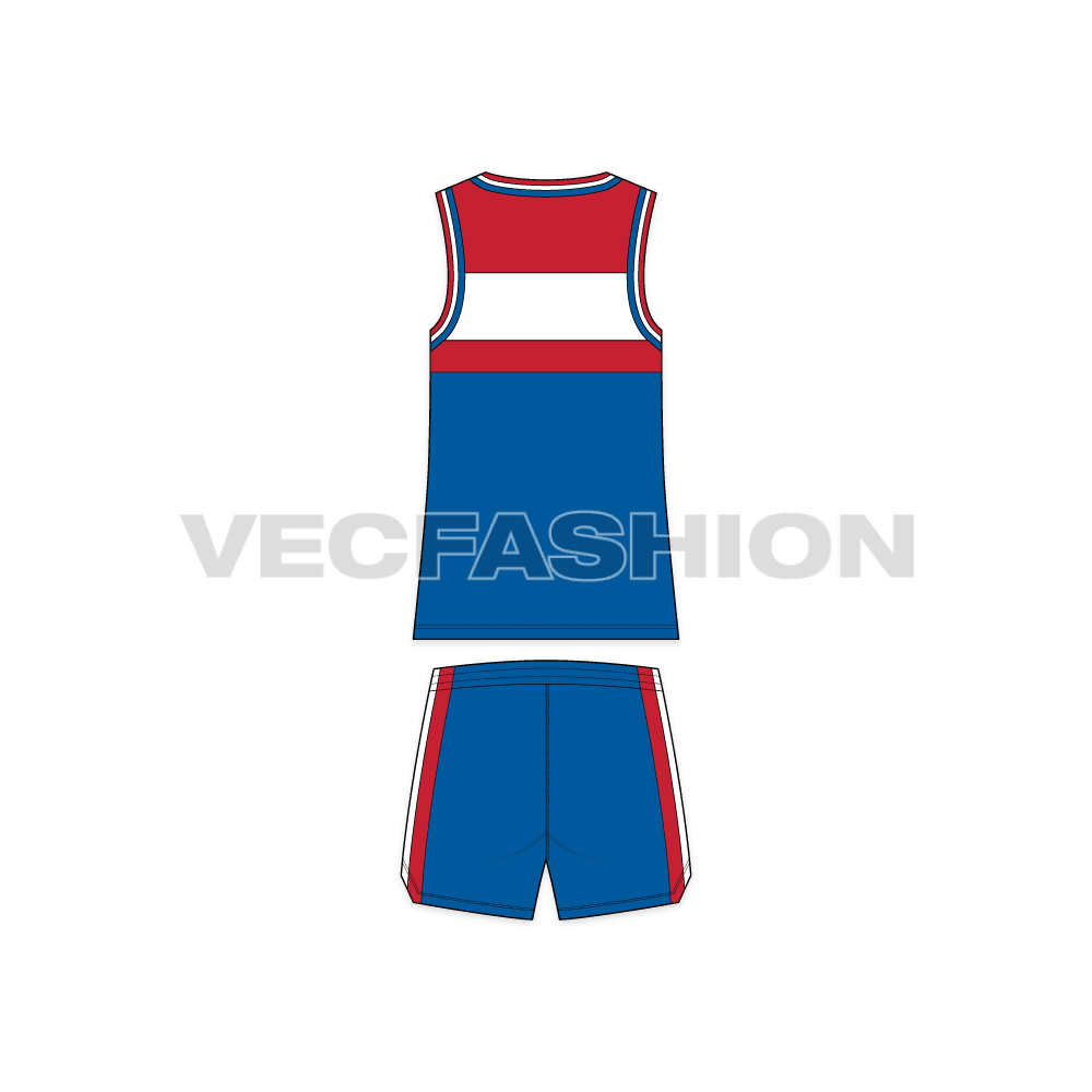 Mens basketball kit vest and shorts flat sketch, back view