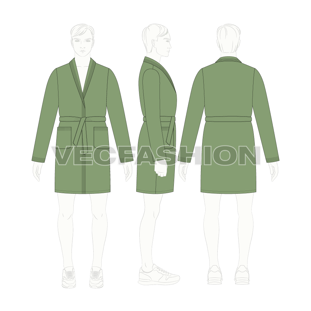 Mens bath robe with shawl collar, side pockets flat sketch, croqui sketch
