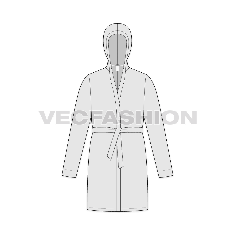 Mens bath robe with shawl collar flat sketch, front view
