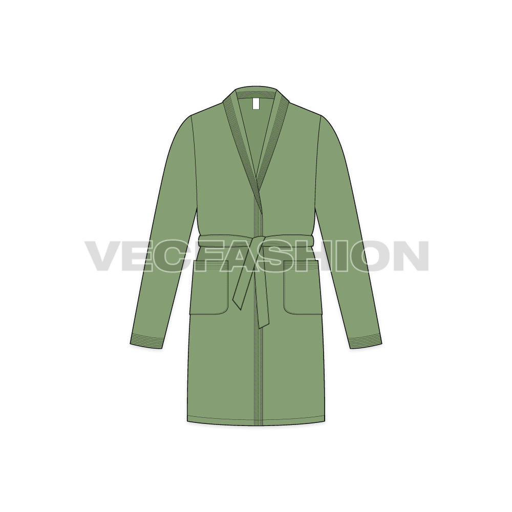 Mens bath robe with shawl collar, side pockets flat sketch, front view