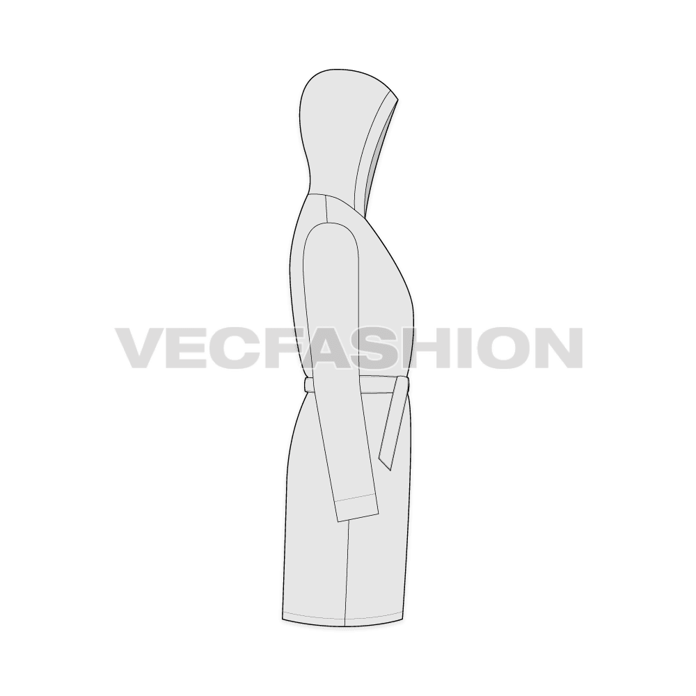 Mens bath robe with shawl collar flat sketch, side view