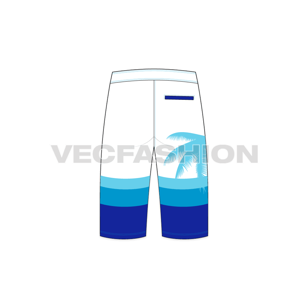 Mens beach board shorts flat sketch, back view