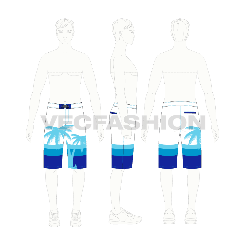 Mens beach board shorts flat sketch, croqui sketch